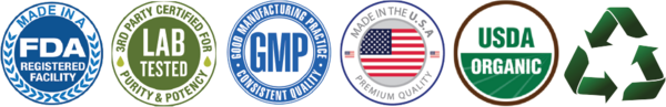 FDA registered facility, lab tested, GMP, made in the USA, USDA organic and recyclable