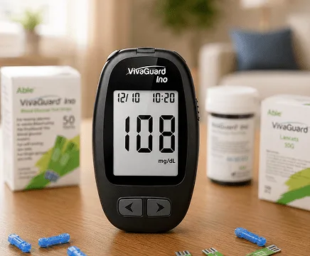 The VivaGuard Ino meter showing a reading of 108.