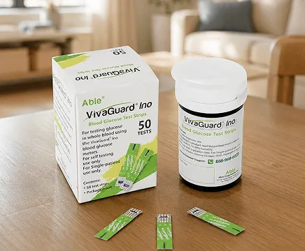 Two boxes of VivaGuard Ino test strips on a wooden table.