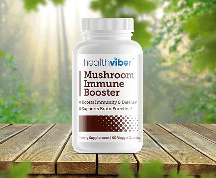 A bottle of HealthViber Mushroom Immune Booster.