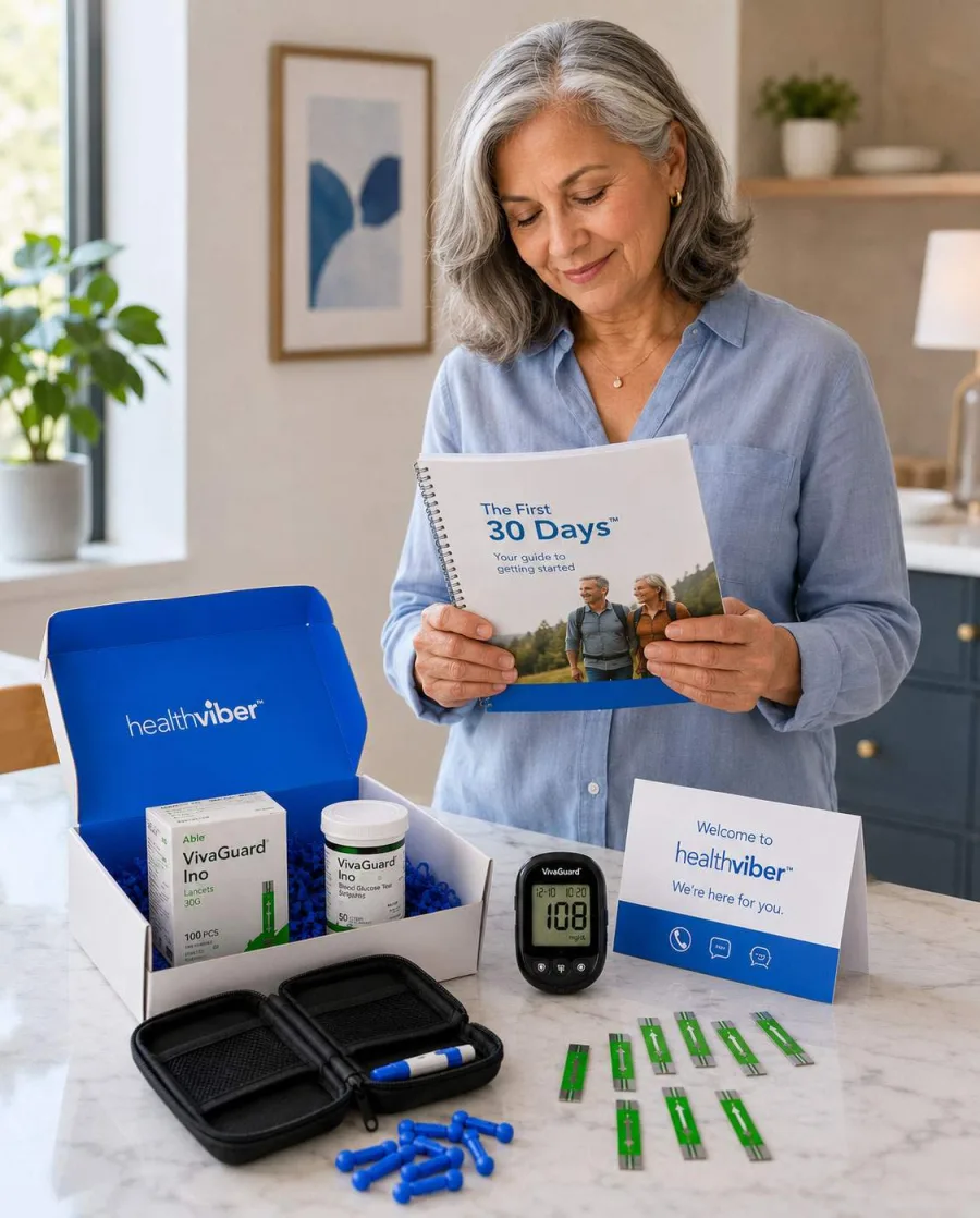 A woman reading The First 30 Days guide beside an open HealthViber box with a meter, strips and lancets.