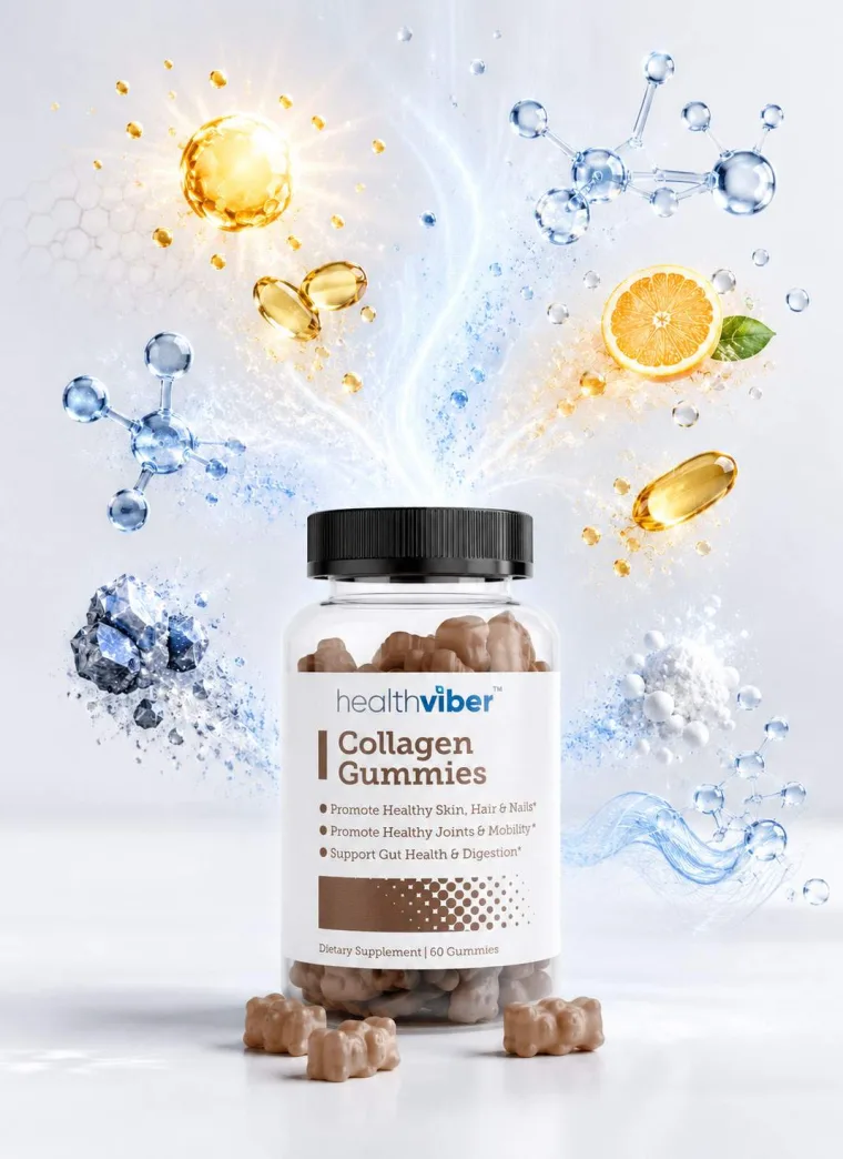 A bottle of HealthViber Collagen Gummies among citrus, capsules and minerals.
