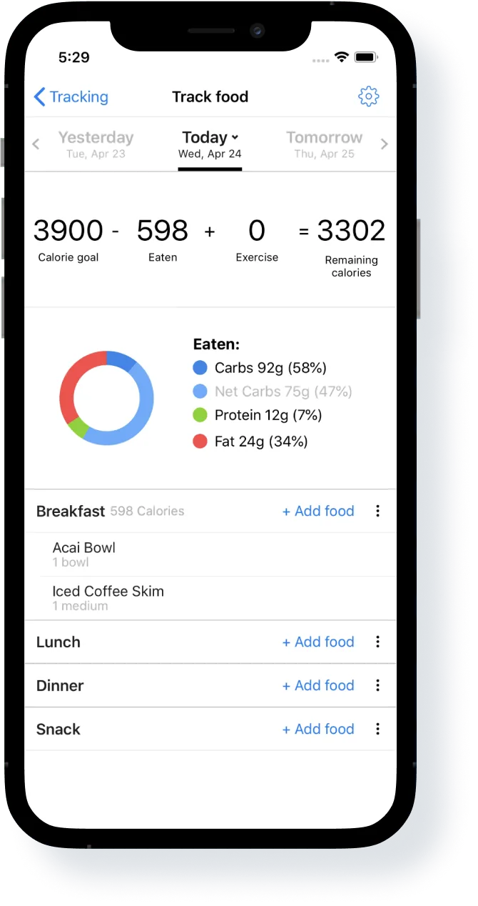 The app's food tracking screen.