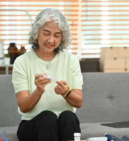 A woman checking her blood sugar at home.