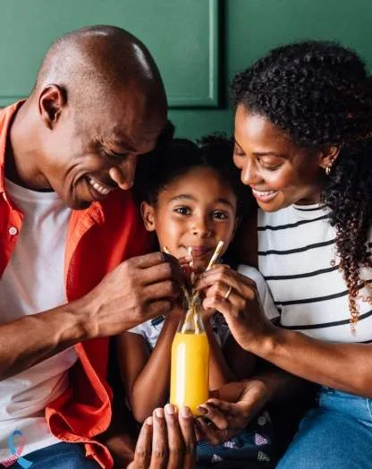 A family sharing a drink.