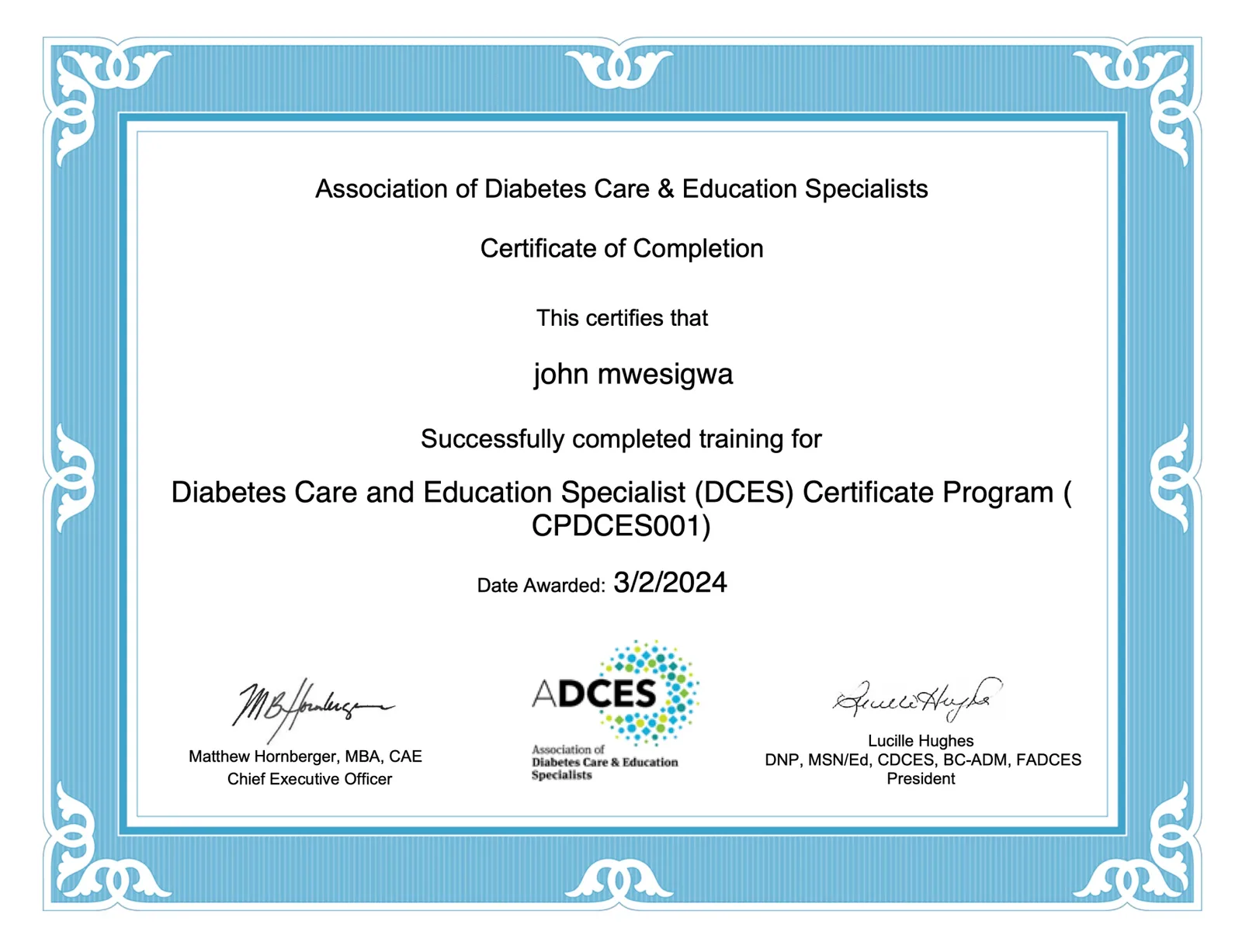 John Mwesigwa's Diabetes Care and Education Specialist (DCES) certificate of completion from the Association of Diabetes Care and Education Specialists