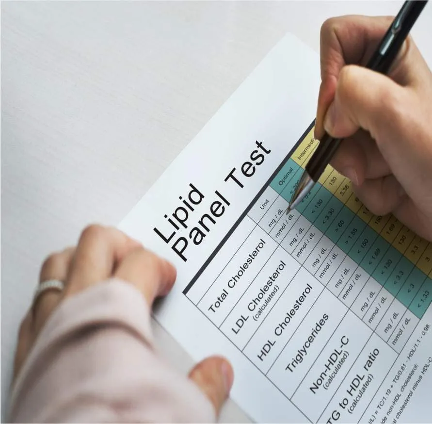 A lipid panel test form being filled in.