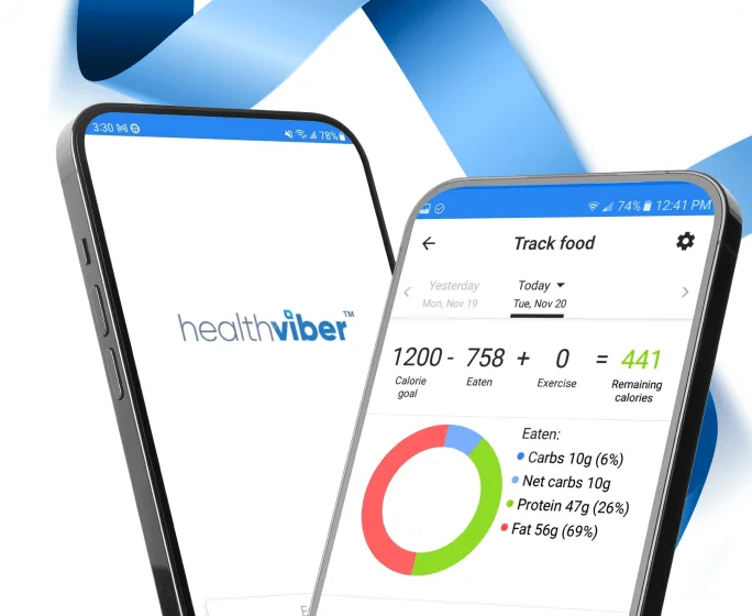 The HealthViber app on two phones, showing a food tracker.