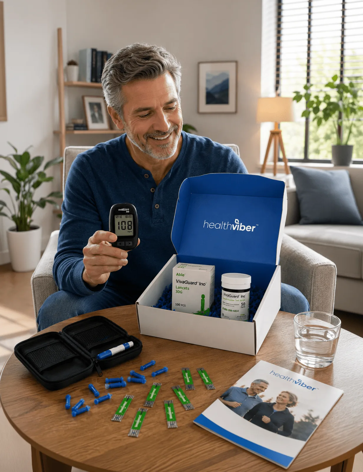 A man testing with his new meter beside an open HealthViber box.
