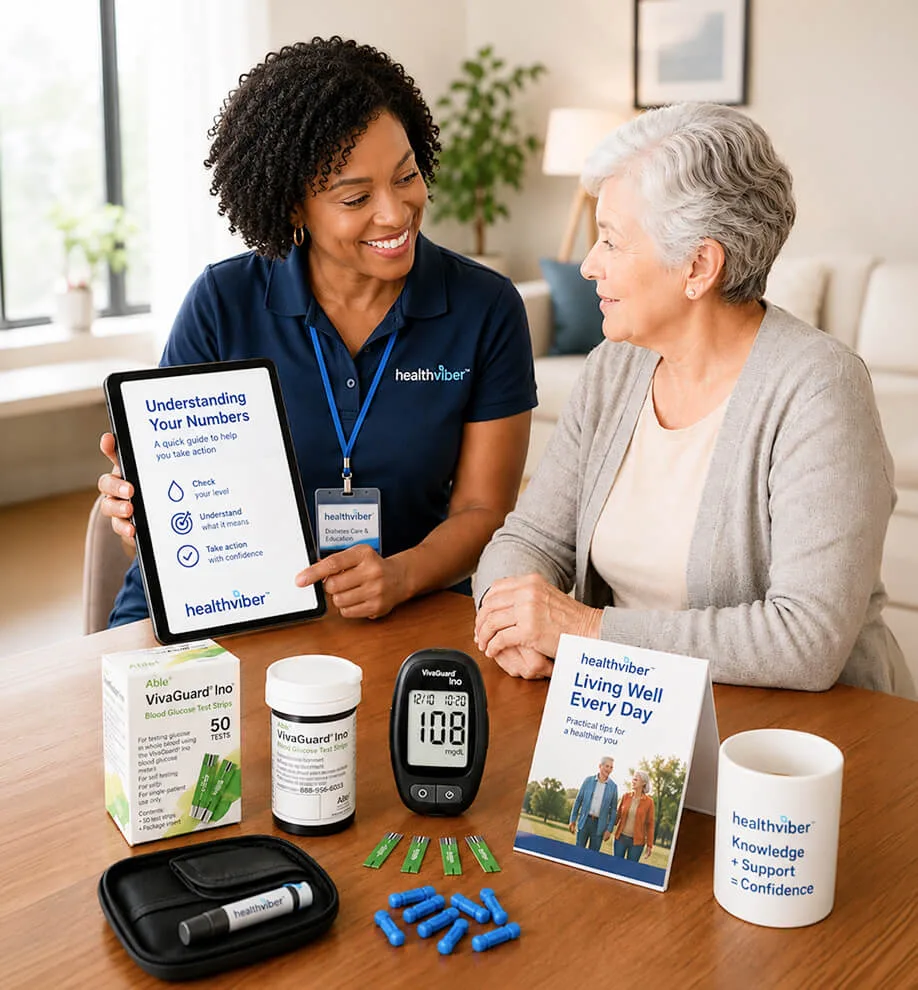 A HealthViber diabetes educator showing an older woman how to understand her numbers.
