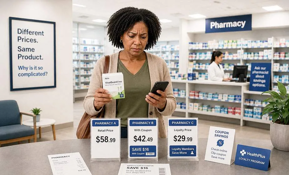 A woman in a pharmacy comparing three different shelf prices for the same product.