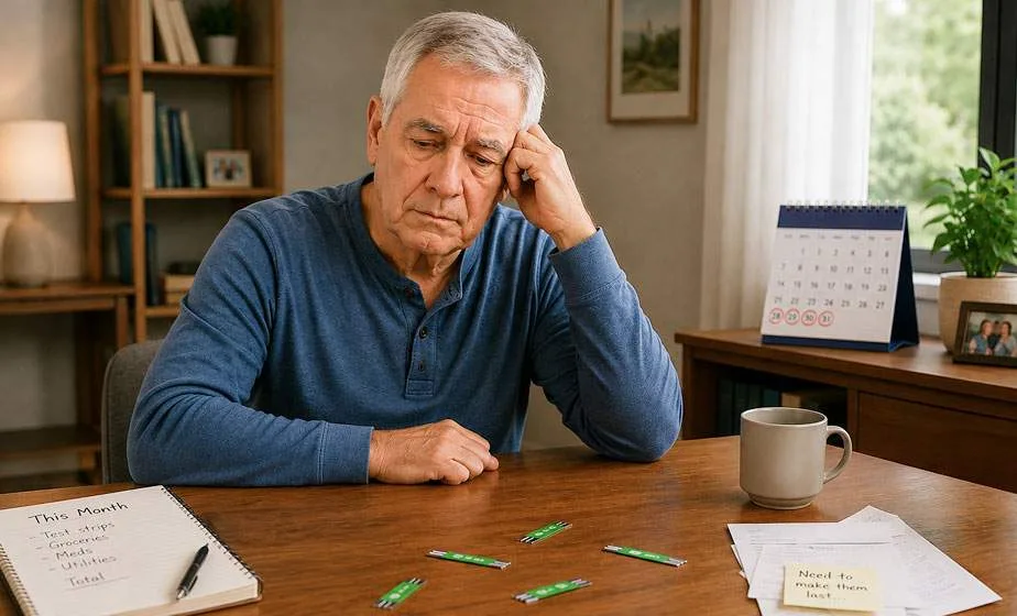 An older man at his desk looking at a few loose test strips beside a calendar.