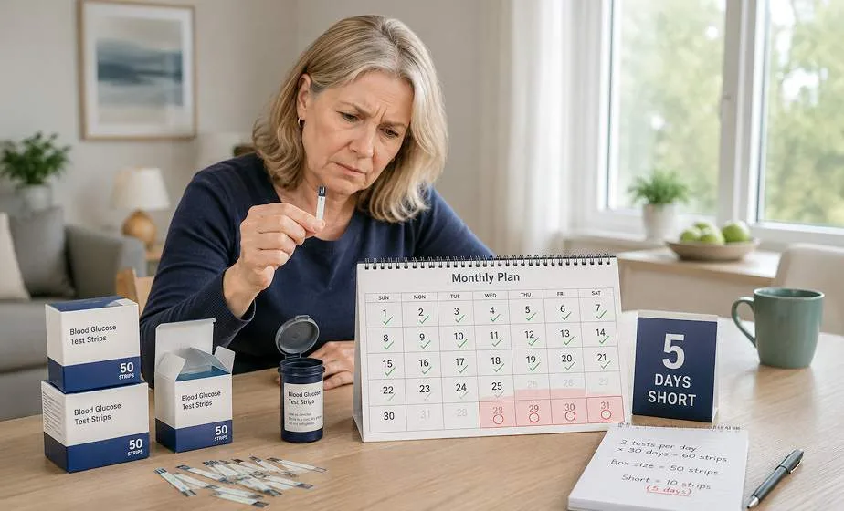 A woman checking a nearly empty strip bottle against a calendar marked five days short.