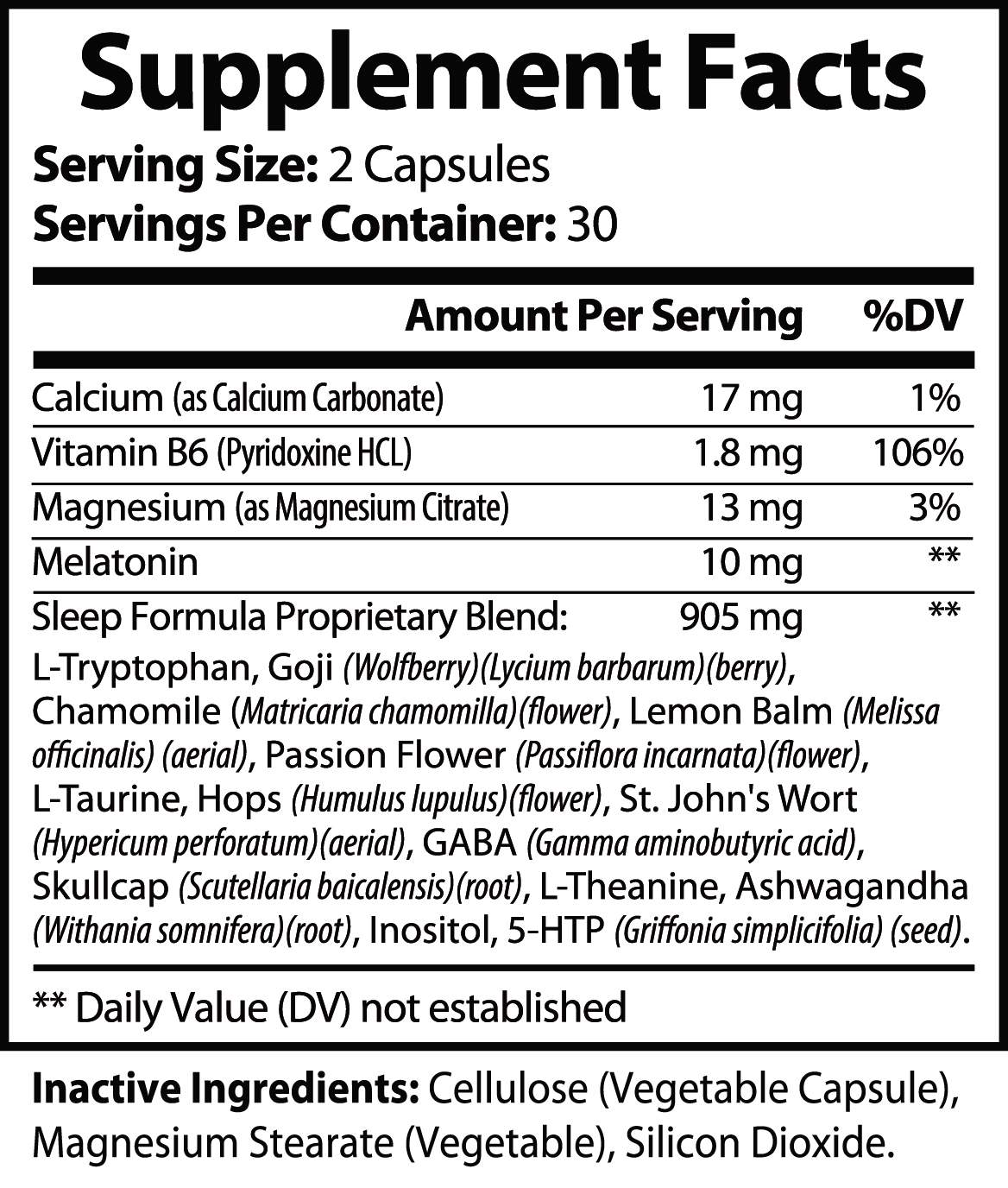 Supplement facts for Sleep Formula – Natural Sleep Aid