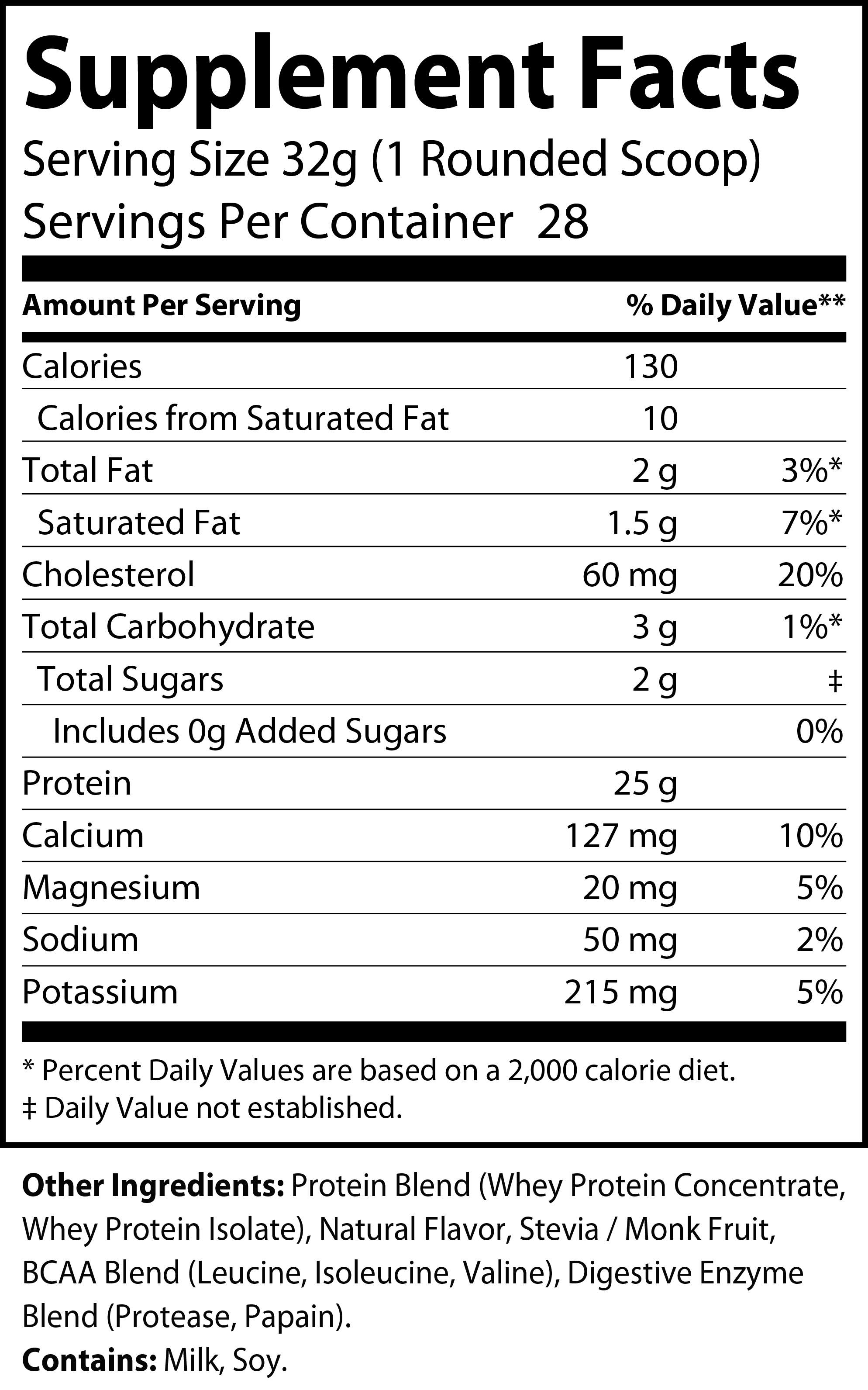 Supplement facts for Whey Protein 2lb Vanilla Milkshake