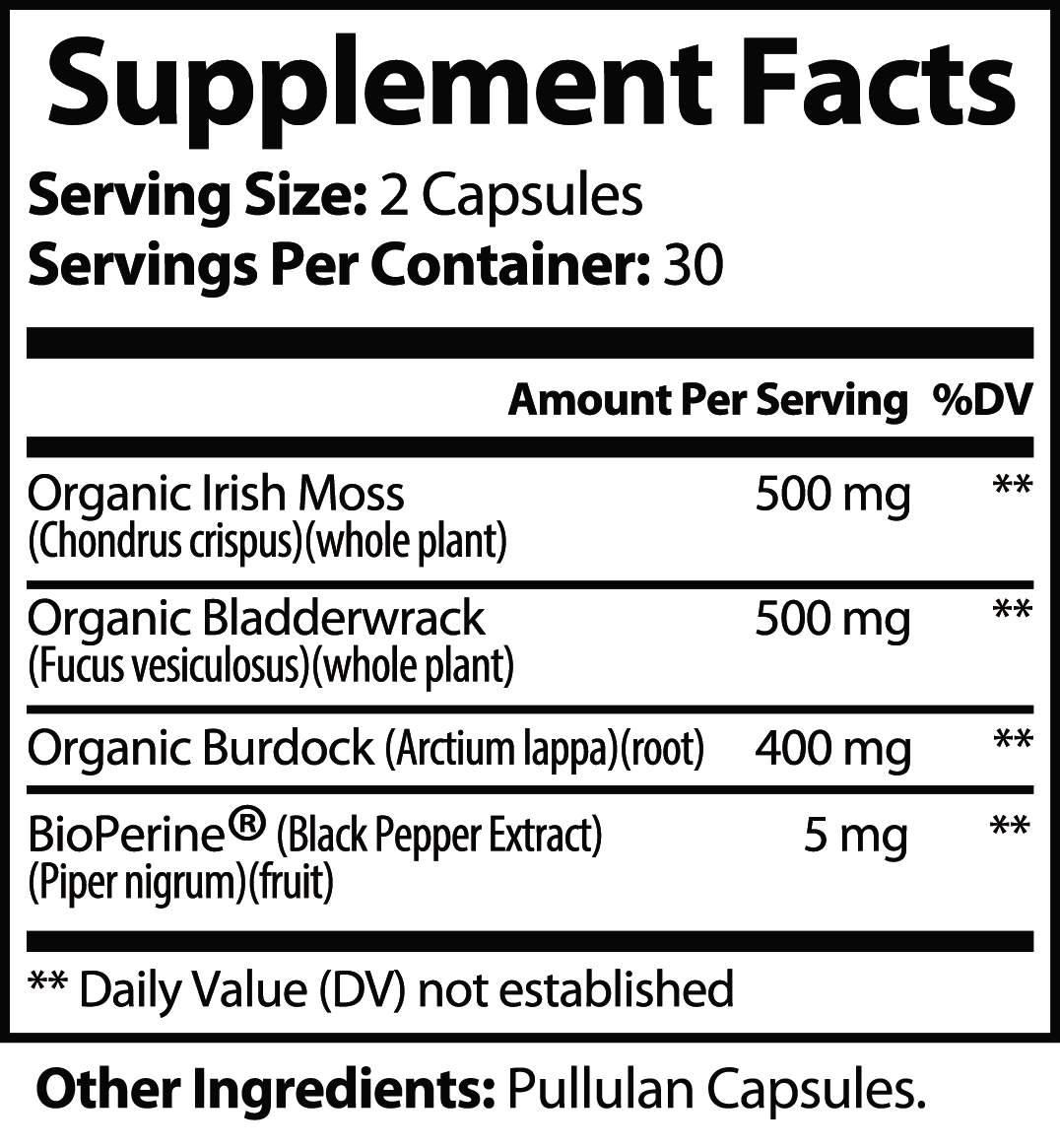 Supplement facts for Organic Irish Sea Moss