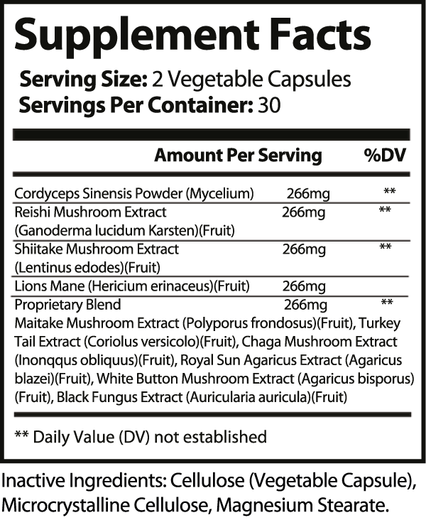 Supplement facts for Mushroom Immune Booster