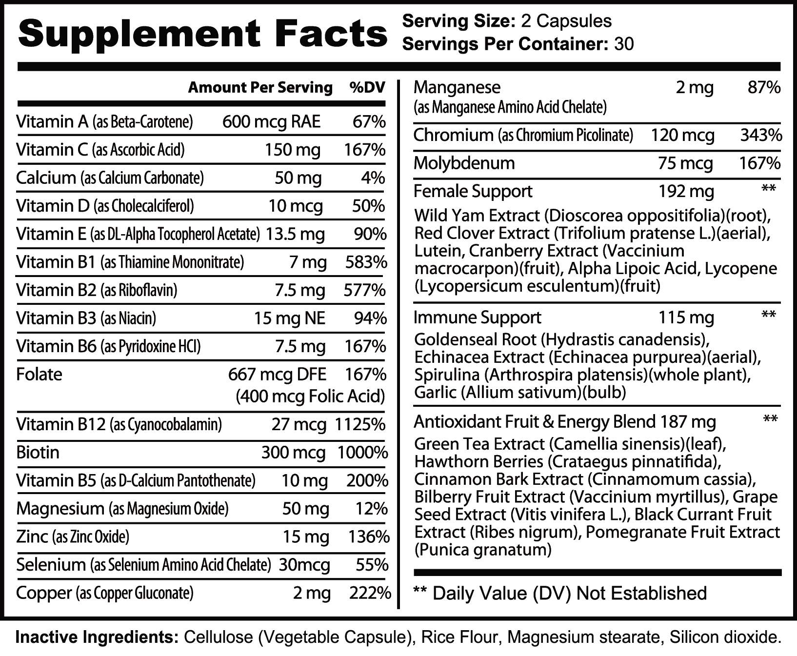 Supplement facts for Ultra Vita for Women