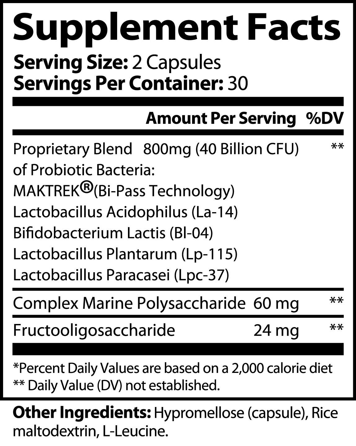 Supplement facts for Probiotic 40 Billion CFU