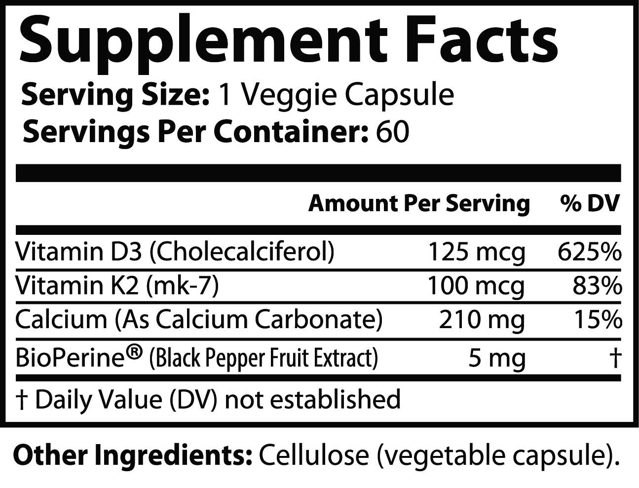 Supplement facts for Vitamin D3 + K2